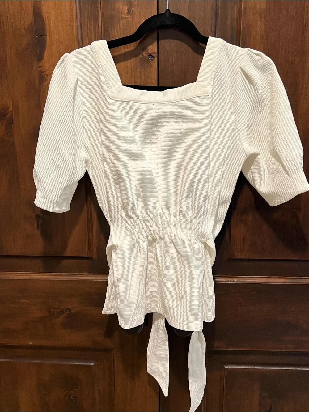 Anthropologie Current Air white Square-Neck Puff Sleeve Tie-Waist Top